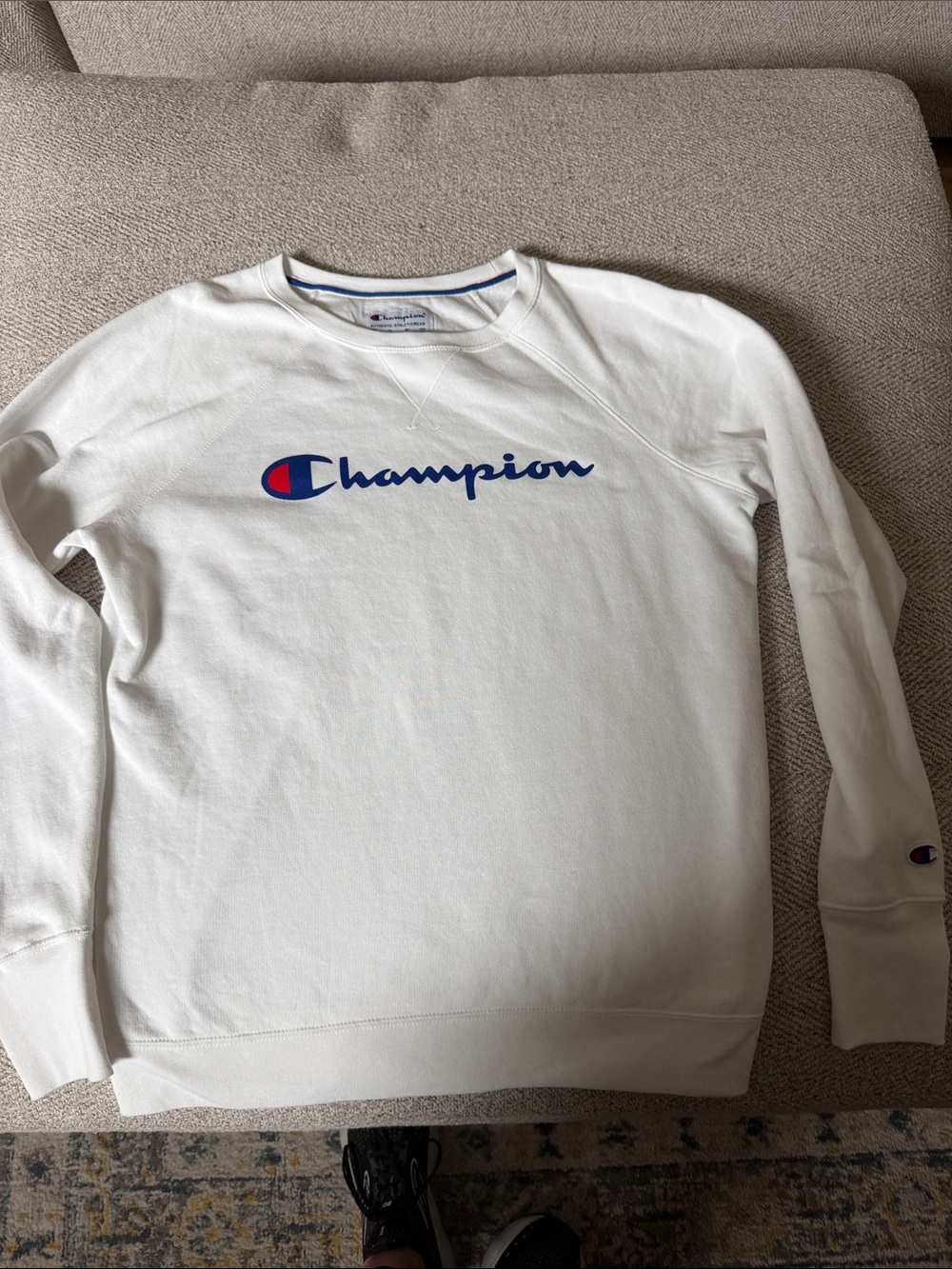 Champion White Sweatshirt with Blue Script and Red Accent